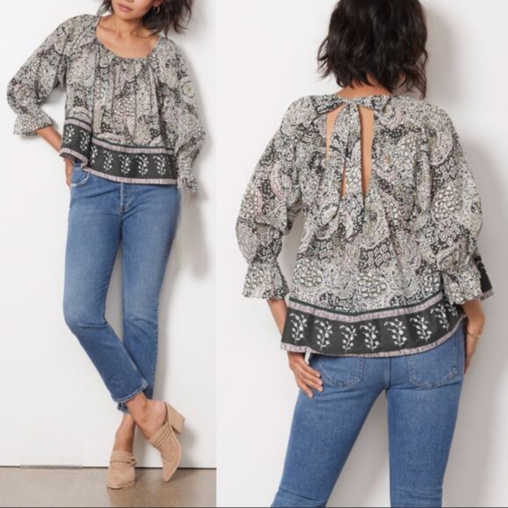Cleobella Anna Blouse Elastic Neck Keyhole Back W/Adj. Tie 3/4 Sleeves - Medium